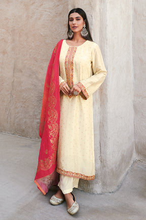 Cream Color Silk Embroidered Unstitched Suit Material.