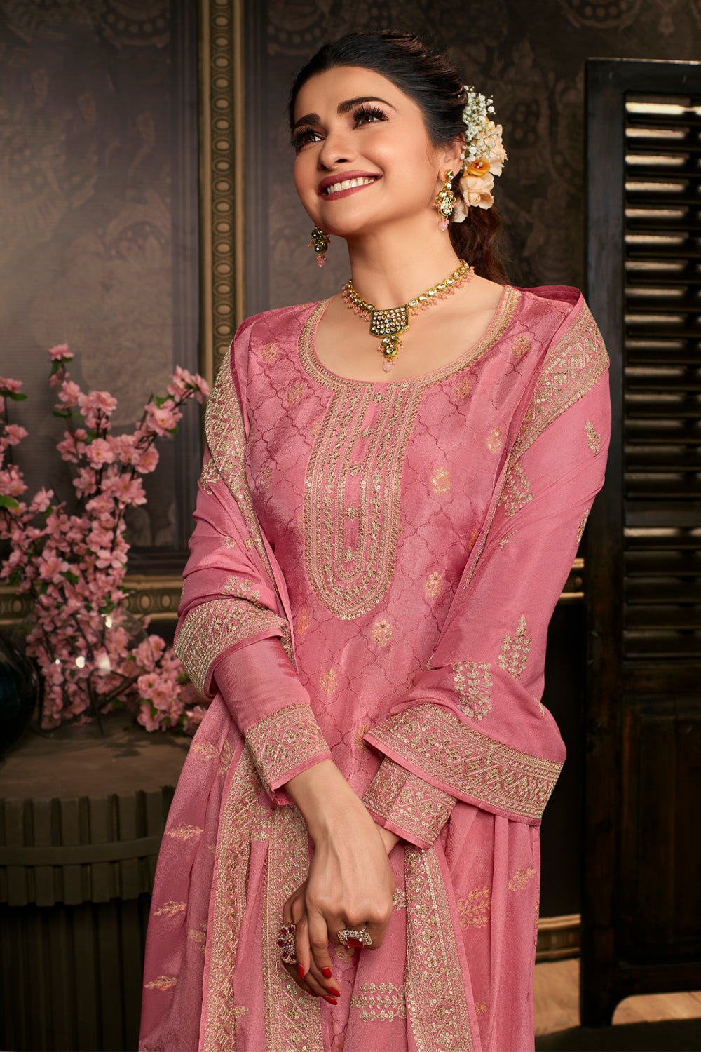 Pink Color Zari Embroidered Silk Unstitched Suit Material