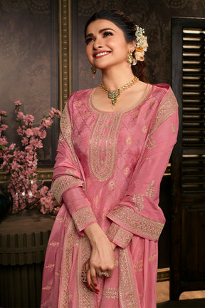 Pink Color Zari Embroidered Silk Unstitched Suit Material