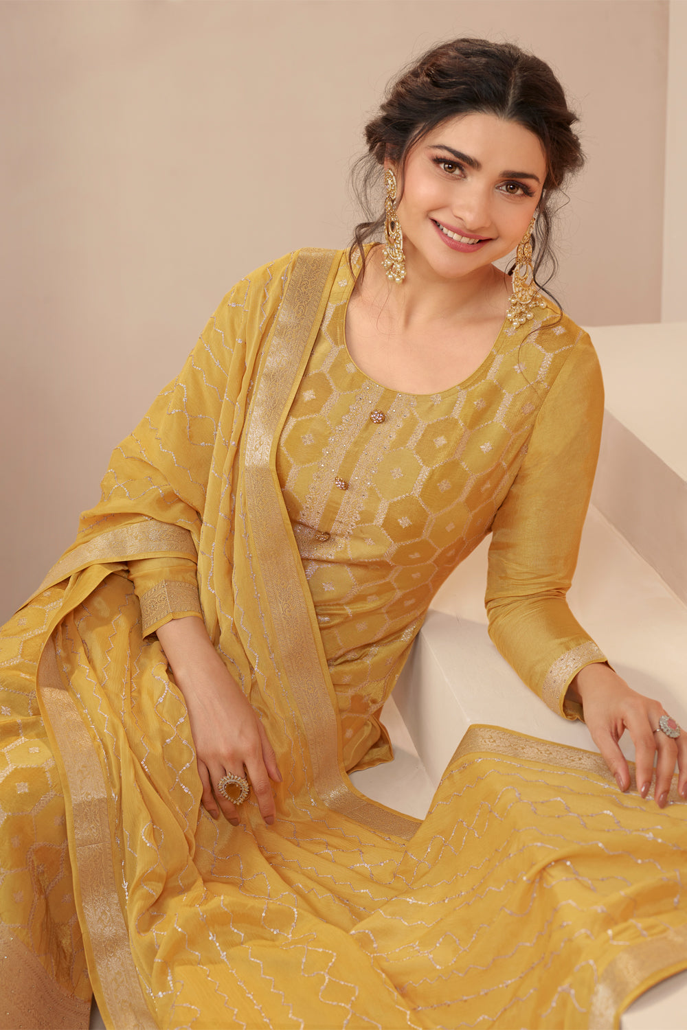 Mustard Color Silk Woven Unstitched Suit