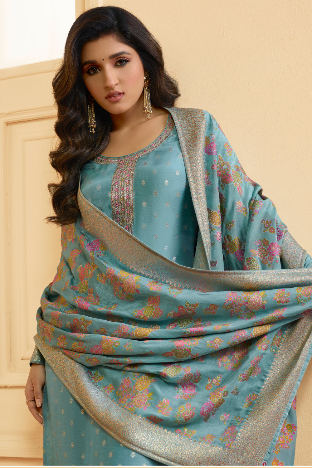 Turquoise Color Silk Woven Unstitched Suit Material