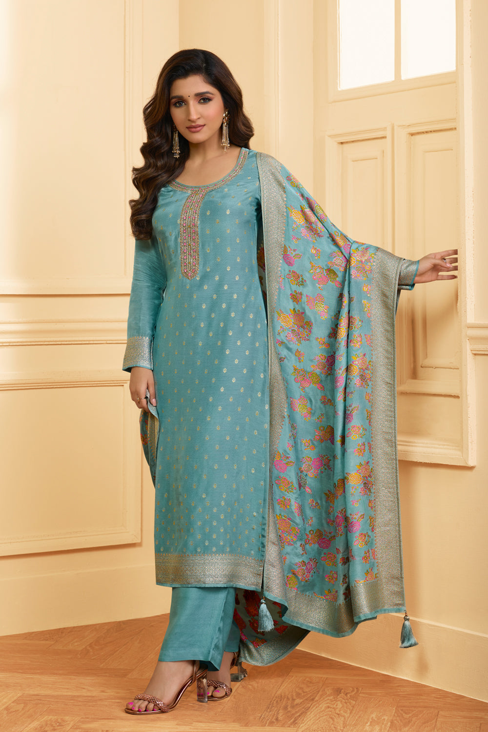 Turquoise Color Silk Woven Unstitched Suit Material