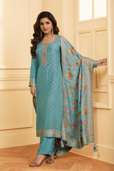 Turquoise Color Silk Woven Unstitched Suit Material