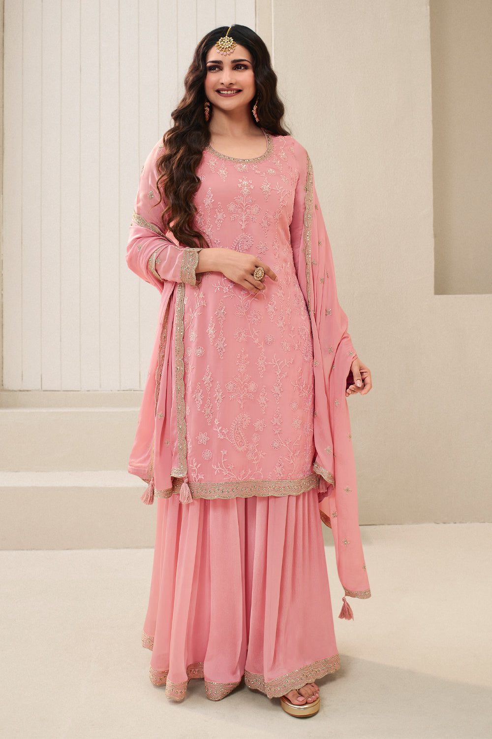 Peach Color Embroidered Organza Unstitched Suit Fabric