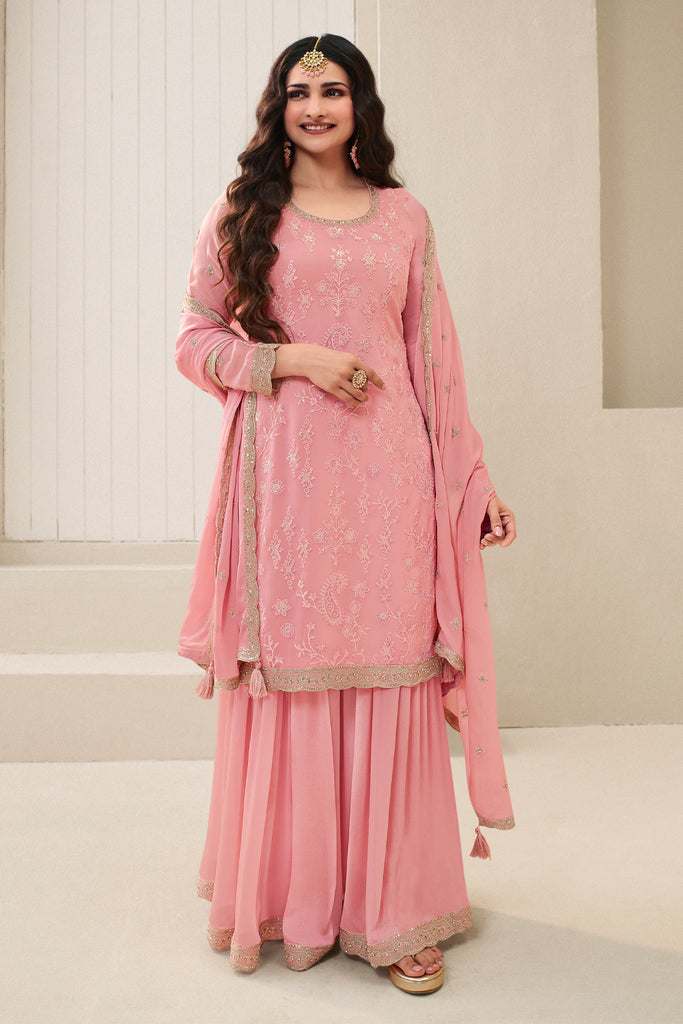 Peach Color Embroidered Organza Unstitched Suit Fabric