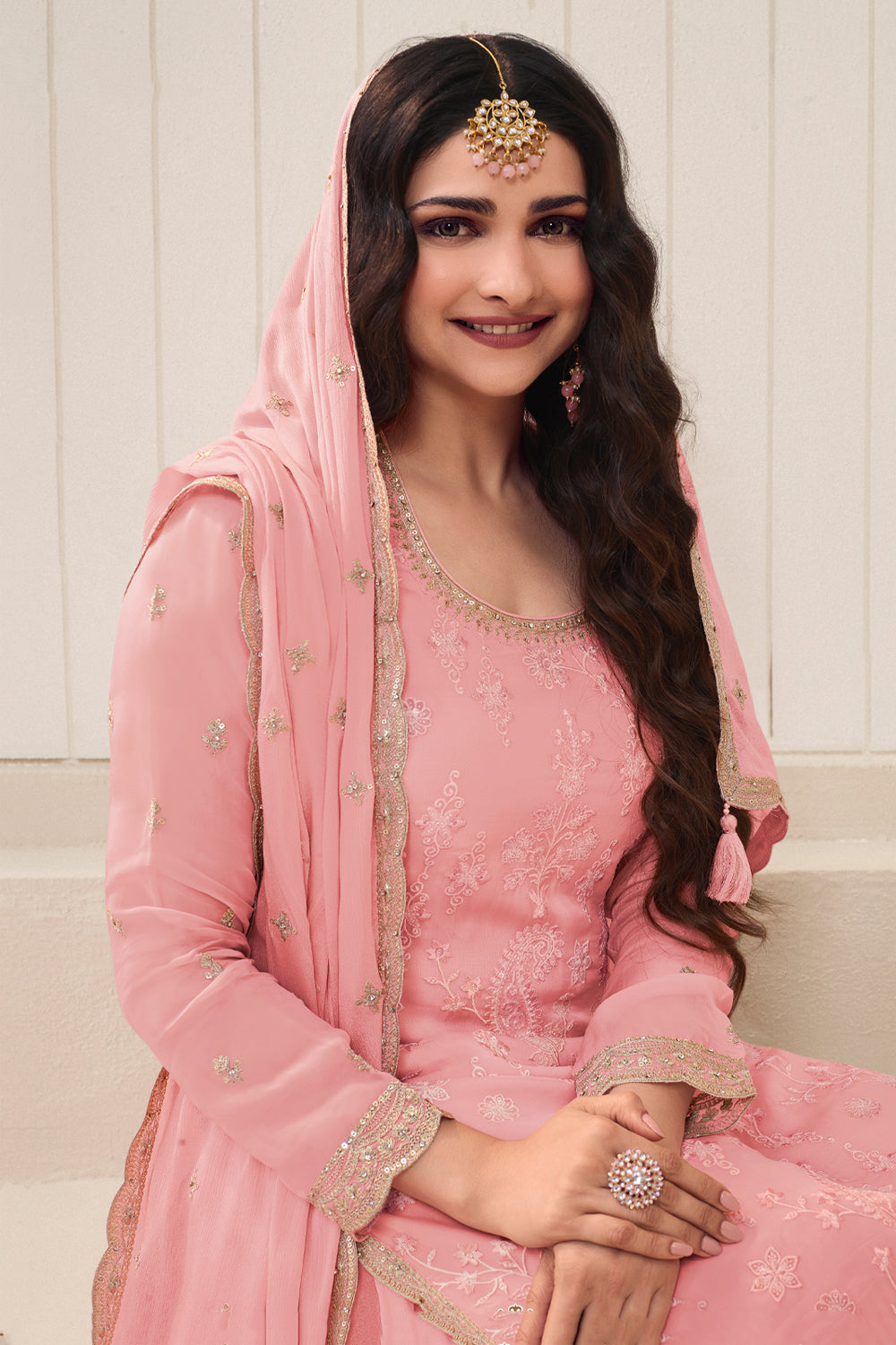 Peach Color Embroidered Organza Unstitched Suit Fabric