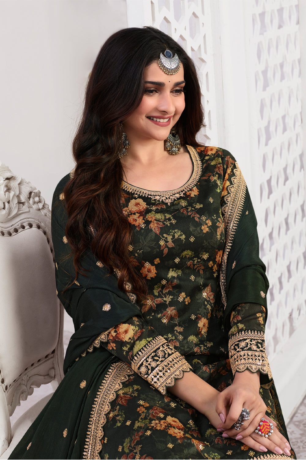Bottle Green Color Printed Organza Unstitched Suit Material With Stitched Sharara