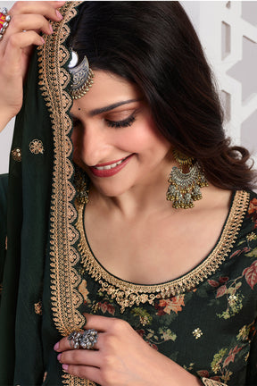 Bottle Green Color Printed Organza Unstitched Suit Material With Stitched Sharara