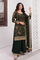 Bottle Green Color Printed Organza Unstitched Suit Material With Stitched Sharara