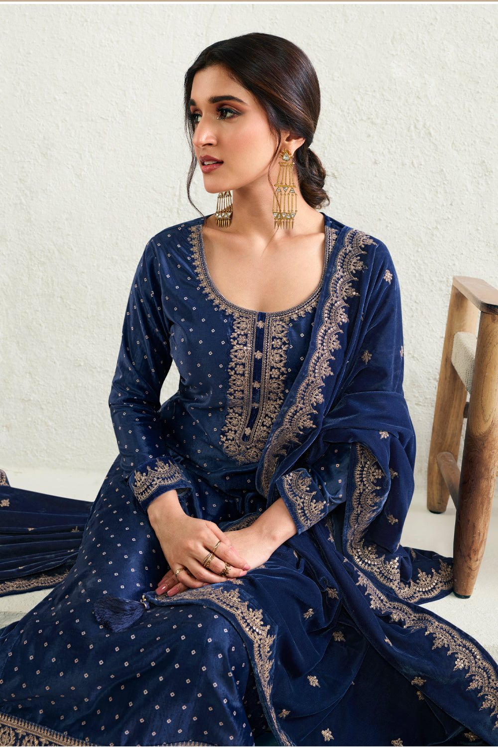 Navy Color Velvet Embroidered Unstitched Suit Material