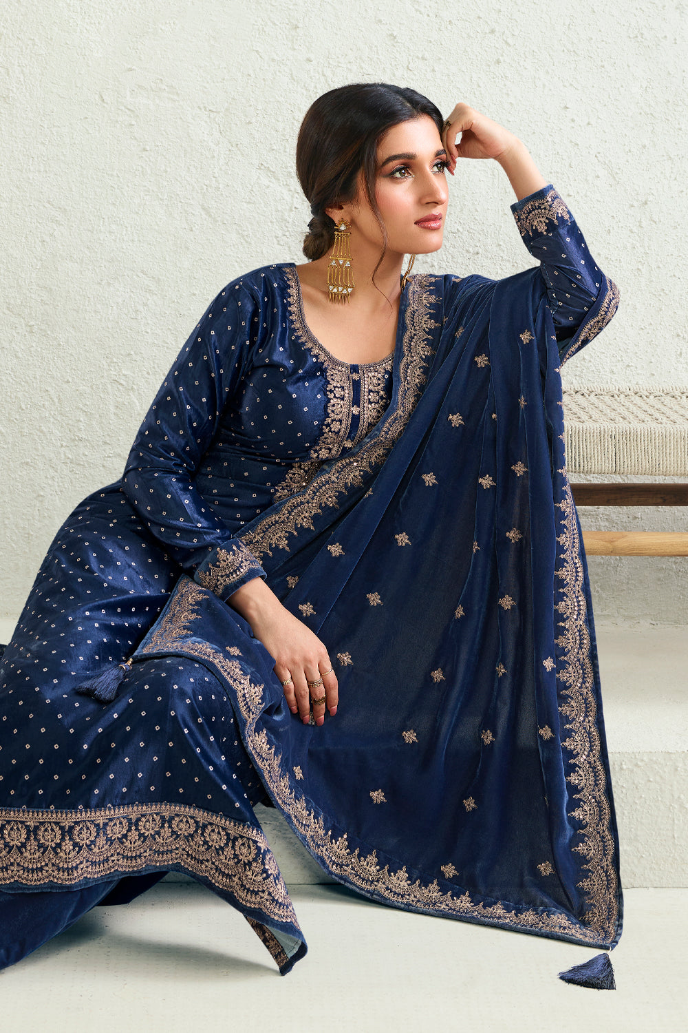 Navy Color Velvet Embroidered Unstitched Suit Material