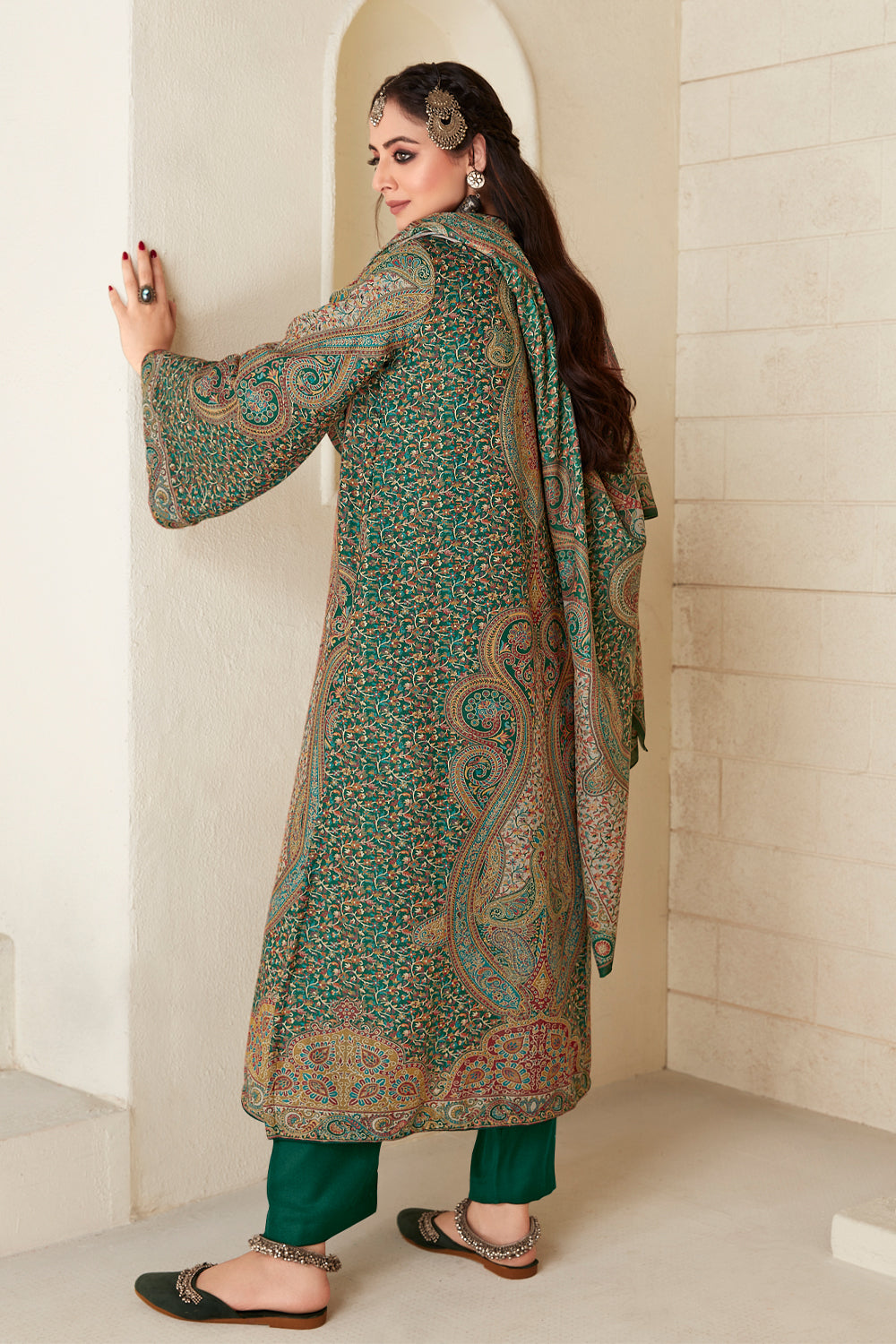 Green Color Pashmina Woven Unstitched Suit Material