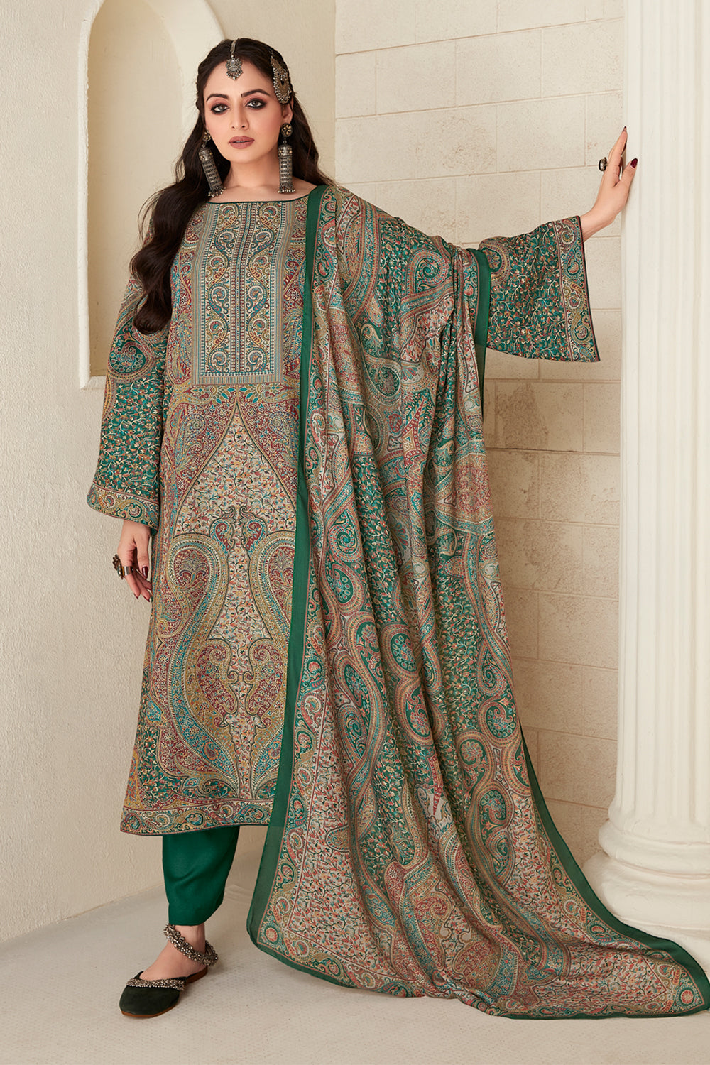 Green Color Pashmina Woven Unstitched Suit Material