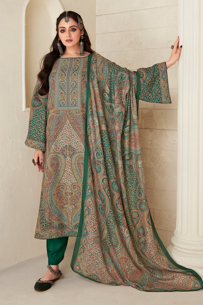 Green Color Pashmina Woven Unstitched Suit Material