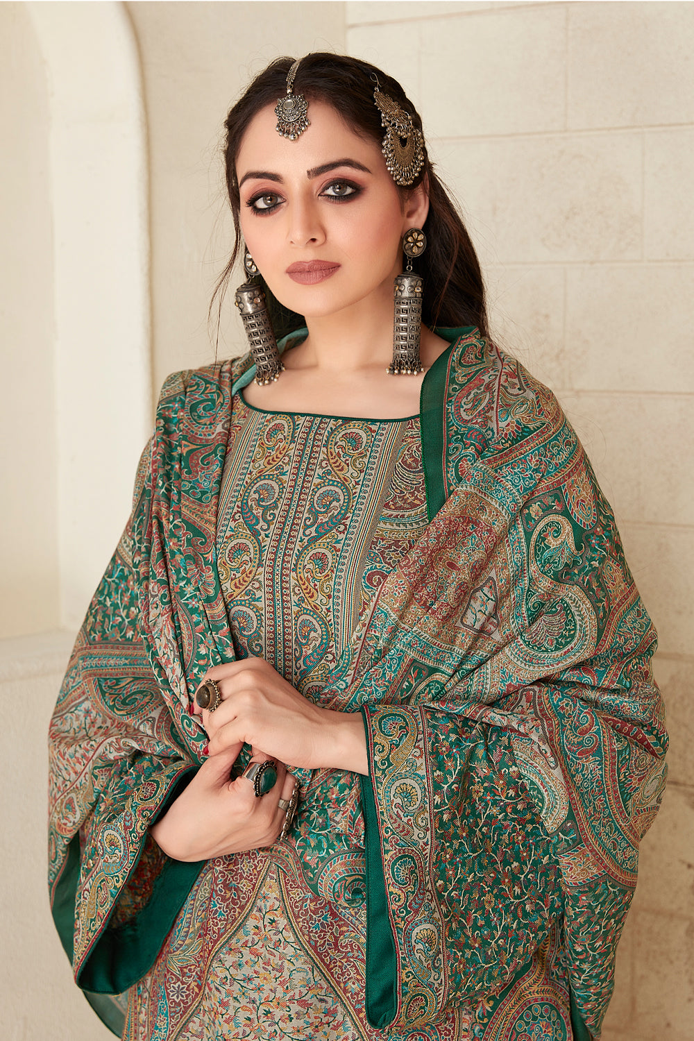 Green Color Pashmina Woven Unstitched Suit Material