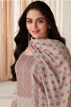 Beige Color Pashmina Woven Unstitched Suit Material