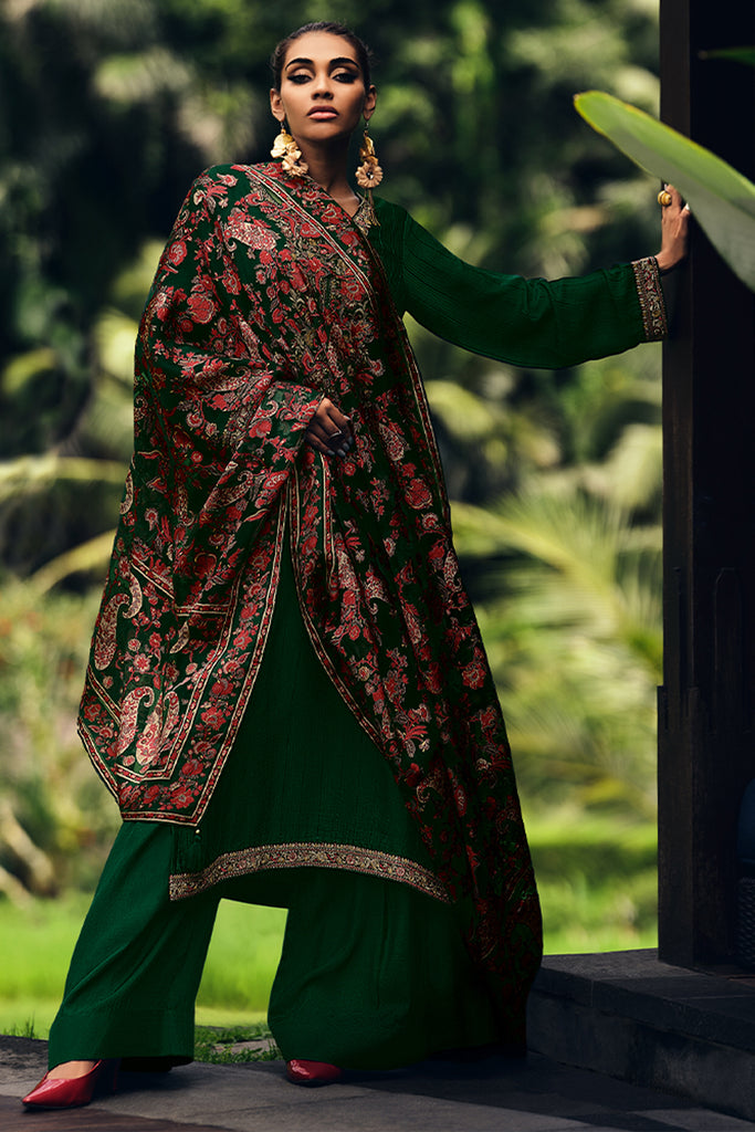 Bottle Green Color Crepe Neck Embroidered Unstitched Suit Material