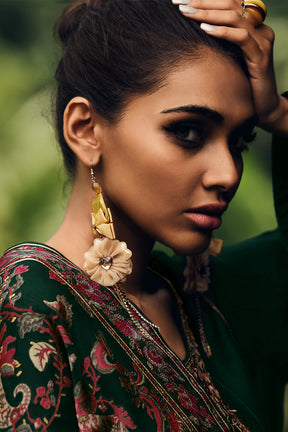 Bottle Green Color Crepe Neck Embroidered Unstitched Suit Material