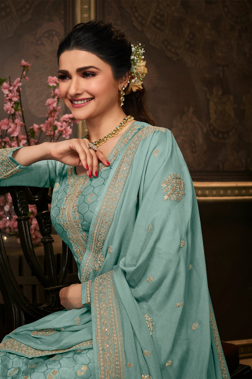 Turquoise Color Zari Embroidered Silk Unstitched Suit Material