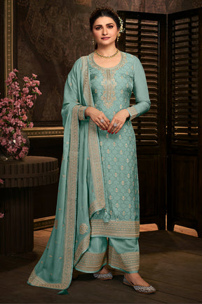 Turquoise Color Zari Embroidered Silk Unstitched Suit Material