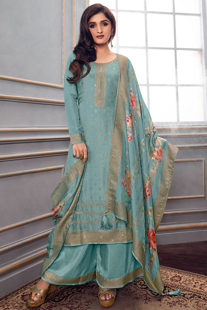 Teal Color Silk Swarovski Work Woven Unstitched Suit Material