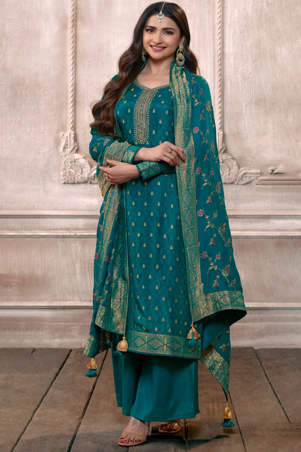 Teal Color Silk Woven Unstitched Suit Material