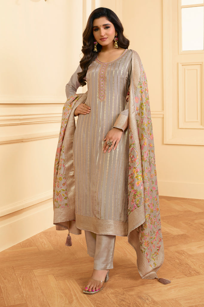 Beige Color Woven Silk Unstitched Suit Material