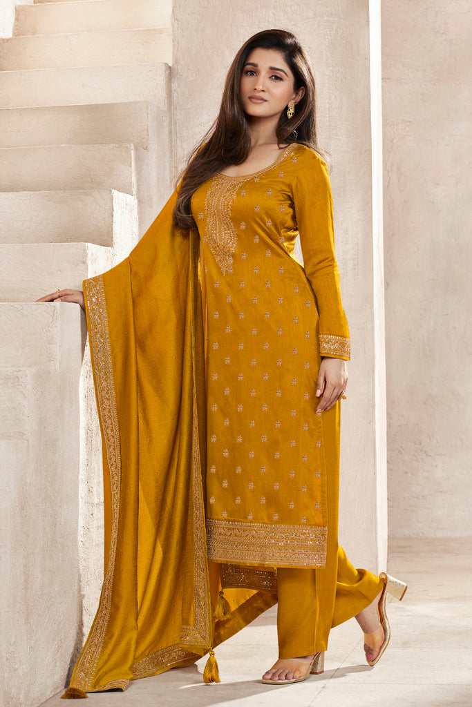 Mustard Color Zari Embroidered Silk Unstitched Suit Material