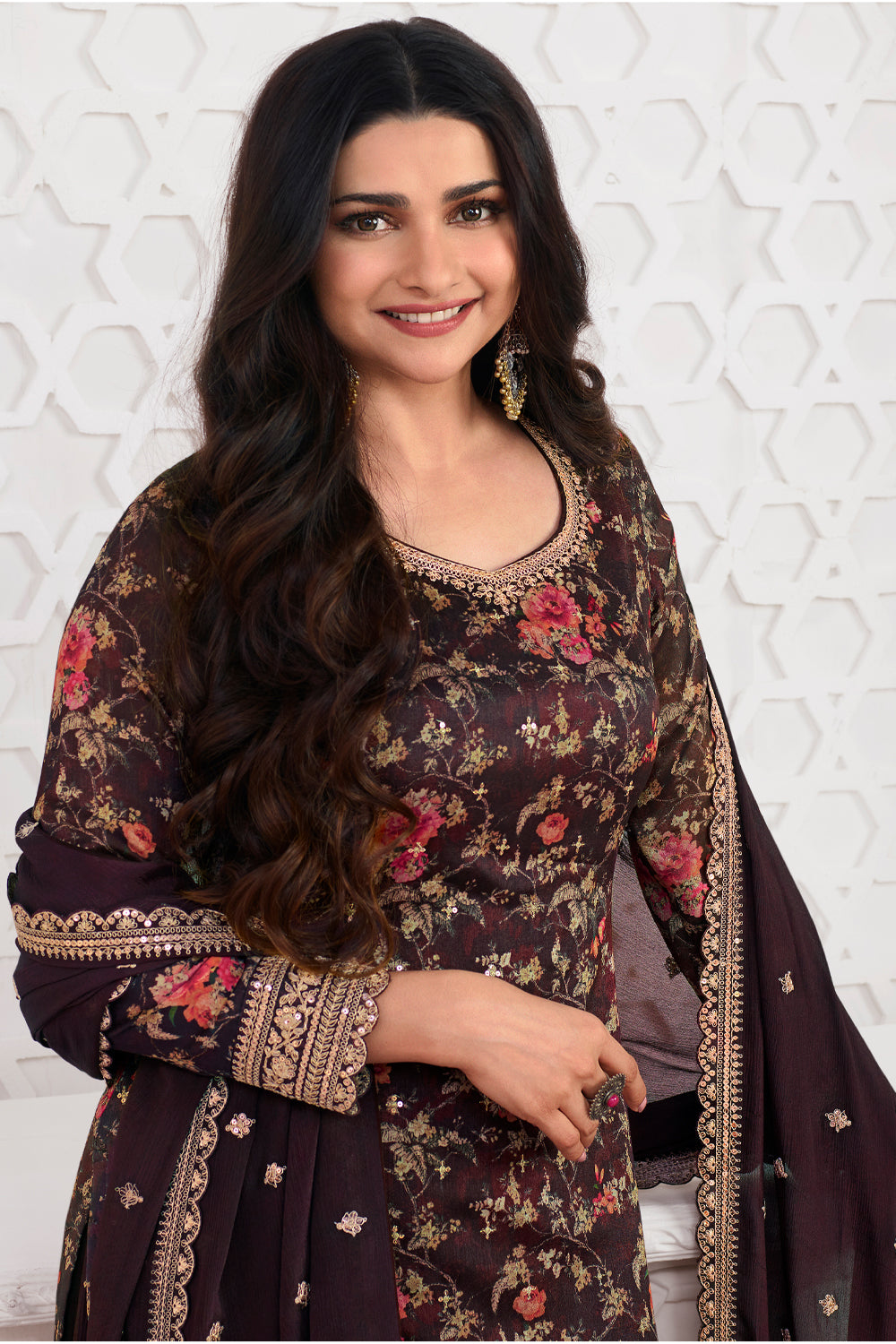 Brown Color Printed Organza Unstitched Suit Material With Stitched Sharara