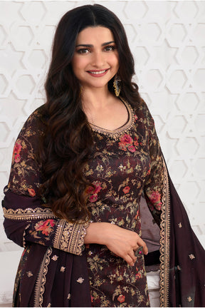 Brown Color Printed Organza Unstitched Suit Material With Stitched Sharara