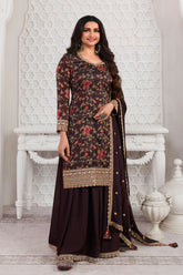 Brown Color Printed Organza Unstitched Suit Material With Stitched Sharara