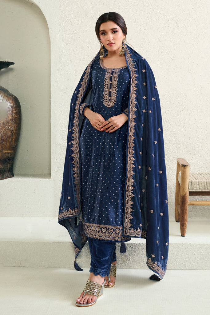 Navy Color Velvet Embroidered Unstitched Suit Material