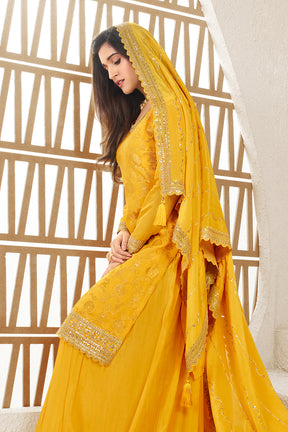 Mustard Color Crepe Woven Unstitched Suit Material With Stitched Sharara