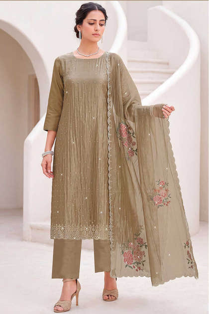 Taupe Color Organza Resham Embroidered Unstitched Suit Material