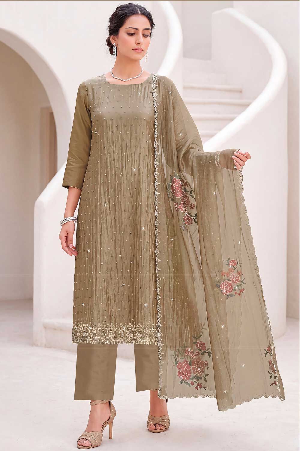 Taupe Color Organza Resham Embroidered Unstitched Suit Material