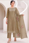 Taupe Color Organza Resham Embroidered Unstitched Suit Material