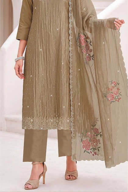Taupe Color Organza Resham Embroidered Unstitched Suit Material