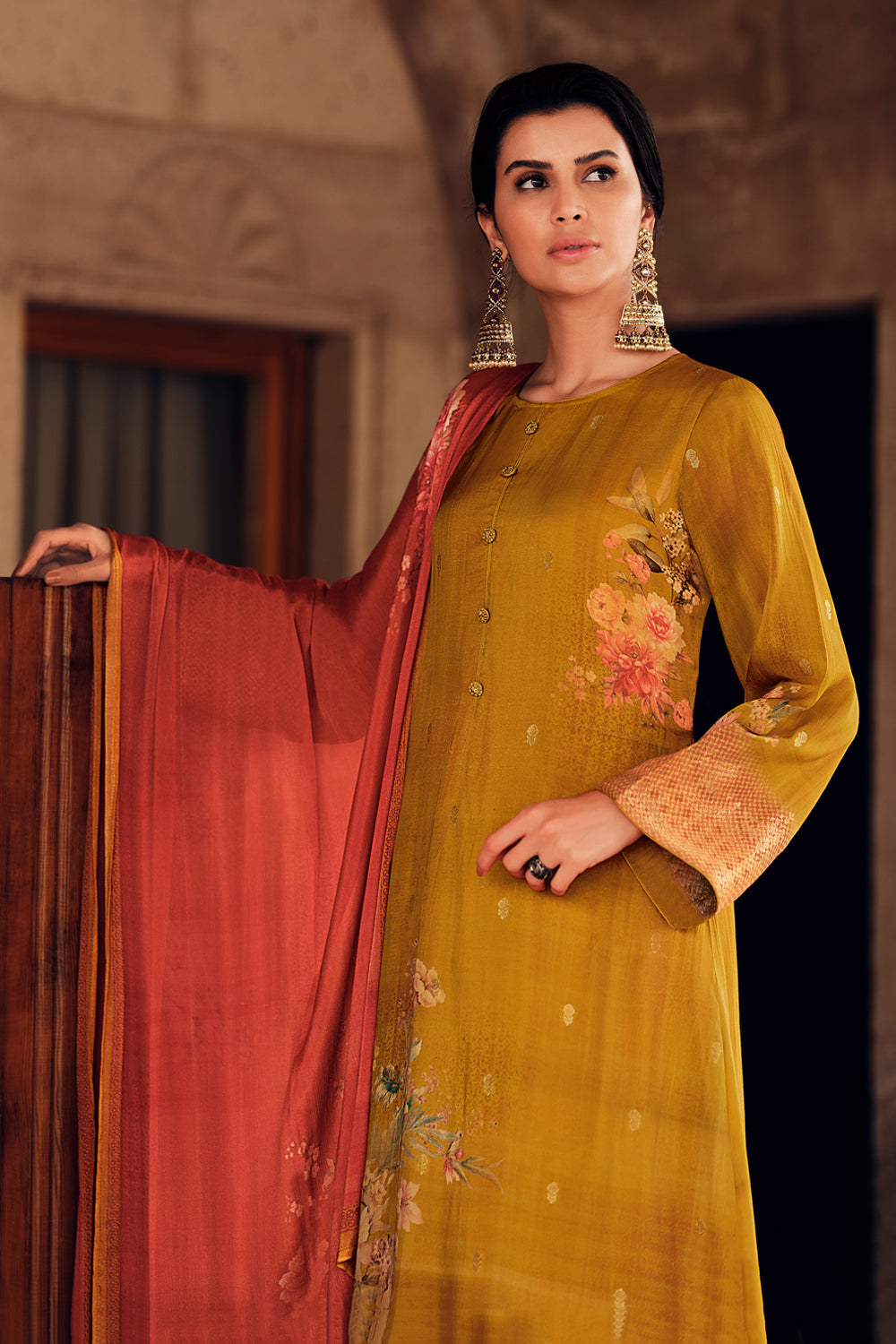 Mustard Color woven Organza Unstitched Suit Material