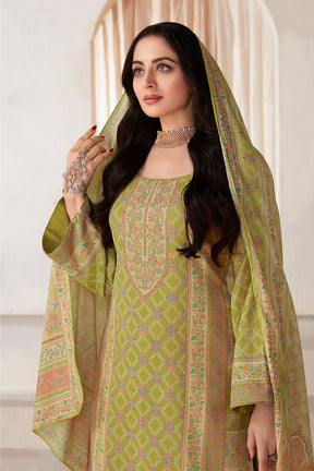Green Color Pashmina Woven Unstitched Suit Material