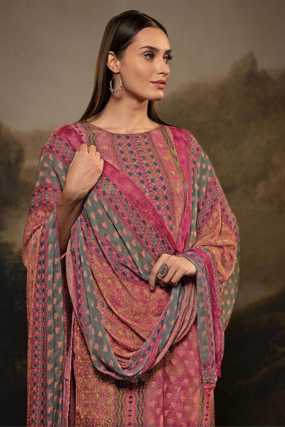 Coral Color Silk Embroidered Unstitched Suit Fabric