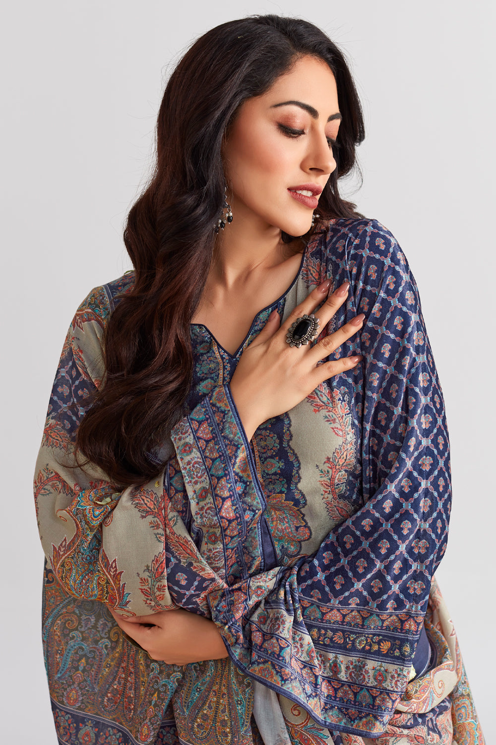 Navy Color Printed Velvet Unstitched Suit Material