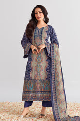 Navy Color Printed Velvet Unstitched Suit Material