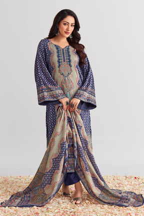 Navy Color Printed Velvet Unstitched Suit Material