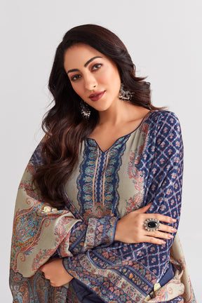 Navy Color Printed Velvet Unstitched Suit Material