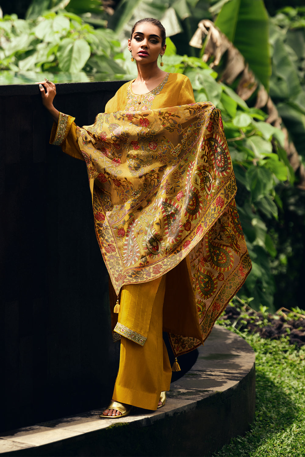Mustard Color Crepe Neck Embroidered Unstitched Suit Material