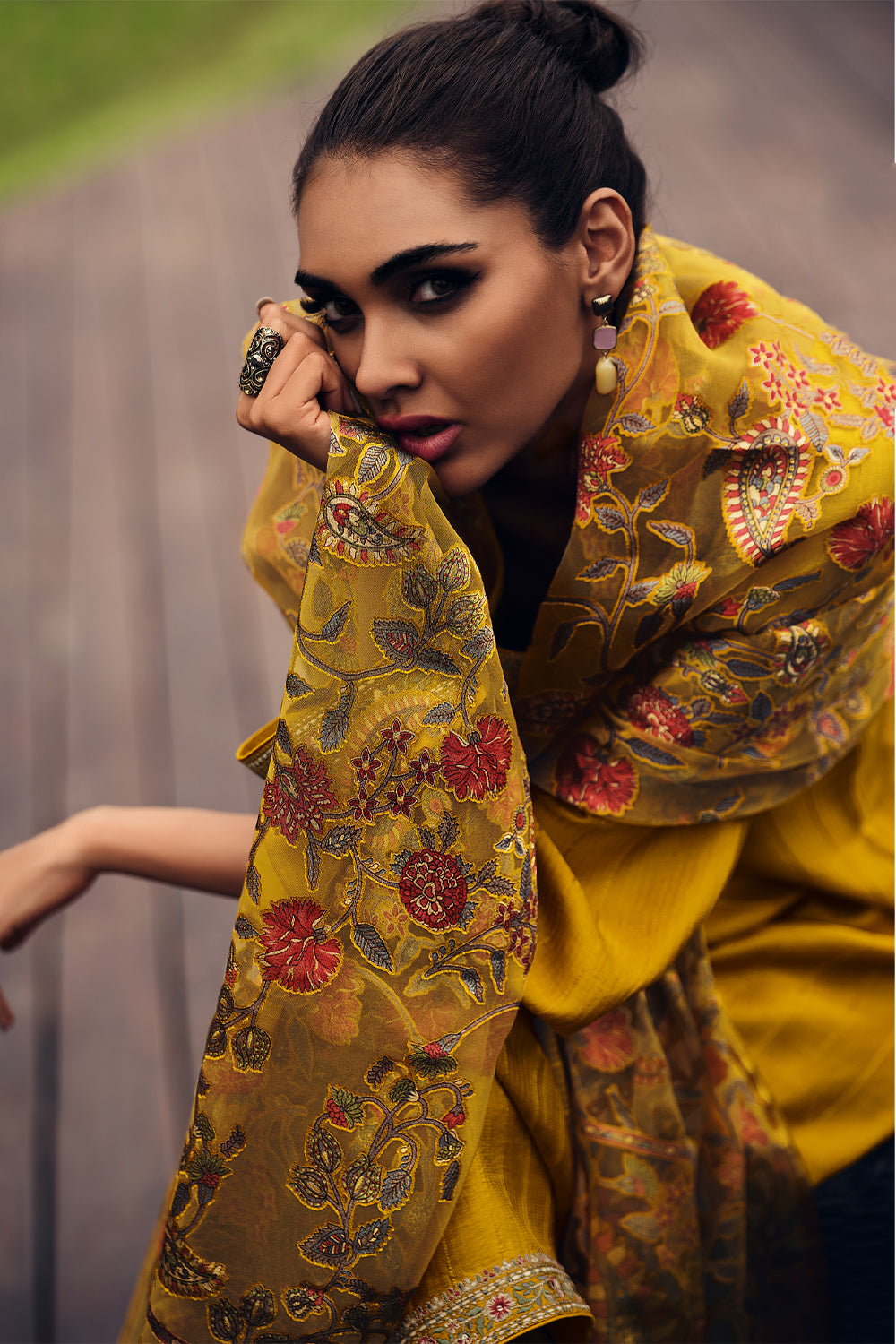 Mustard Color Crepe Neck Embroidered Unstitched Suit Material