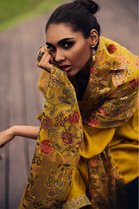 Mustard Color Crepe Neck Embroidered Unstitched Suit Material