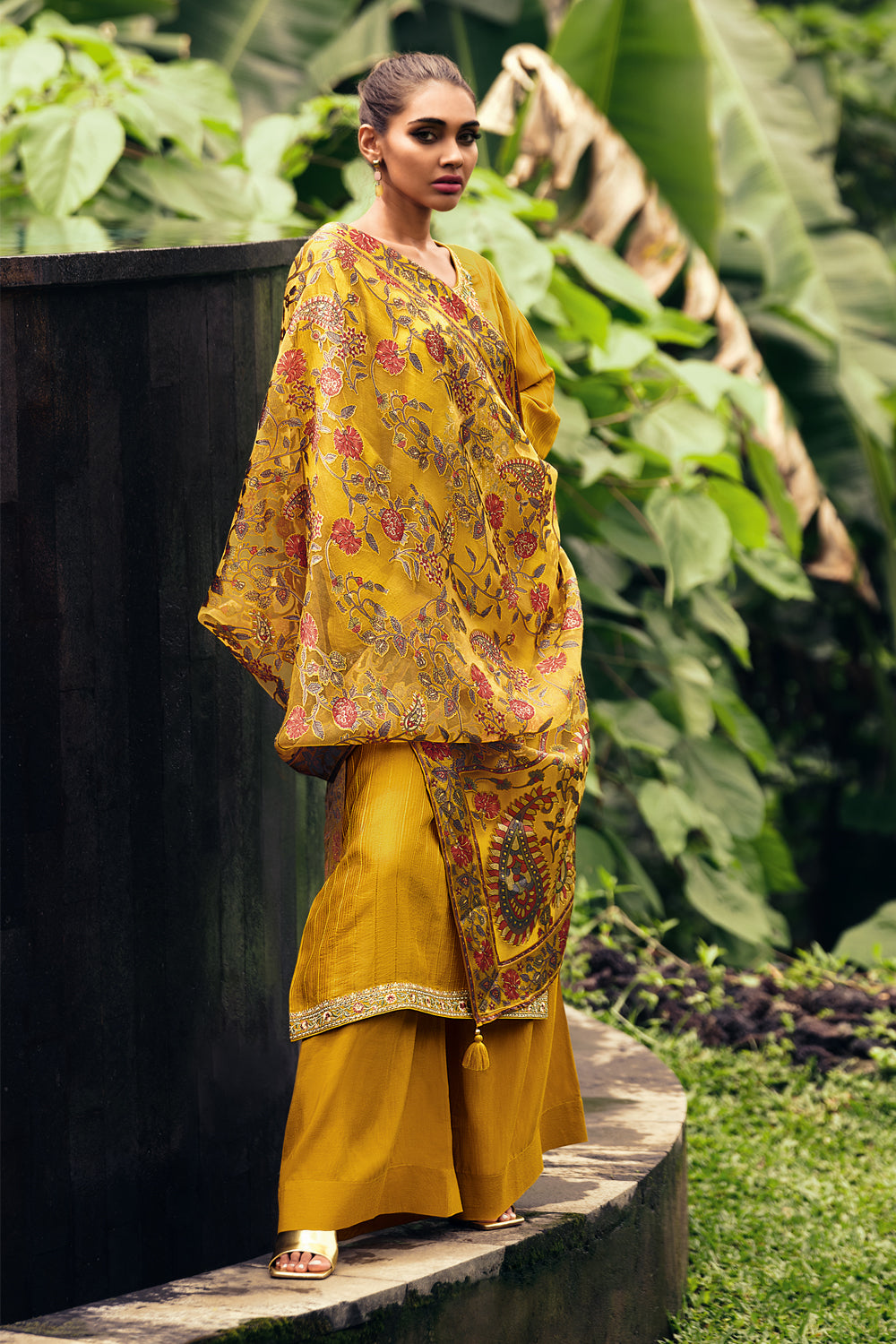 Mustard Color Crepe Neck Embroidered Unstitched Suit Material