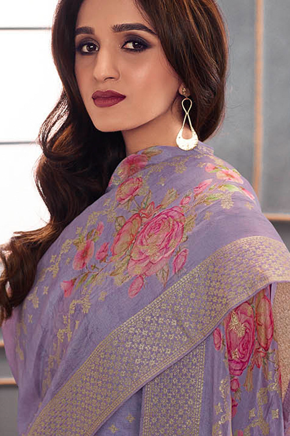 Lavender Color Silk Swarovski Work Woven Unstitched Suit Material