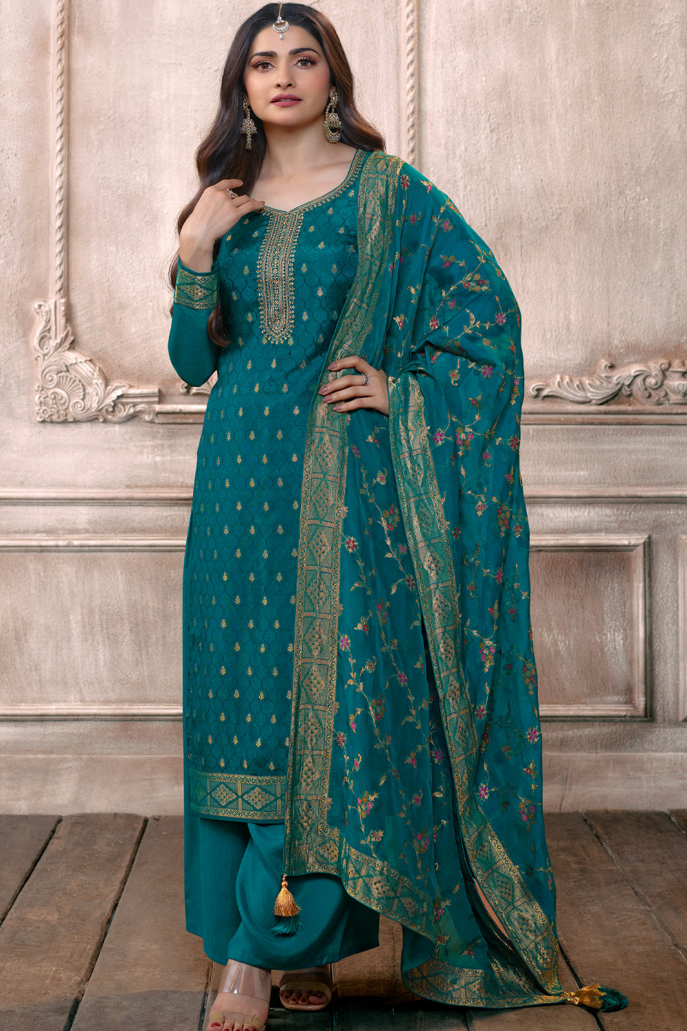 Teal Color Silk Woven Unstitched Suit Material